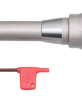 Indexable end mill, 2 in diameter, 6-1/8 in OAL, 90° R8 shank, with five APKT1604 carbide inserts; red key included.