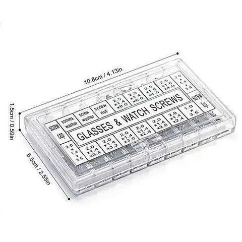 Premium Stainless Steel Glasses Screws Repair Kit With Micro Nuts Washers Hardware Set For Spectacles Watches And Gadgets 1000 Piece Collection in transparent case.