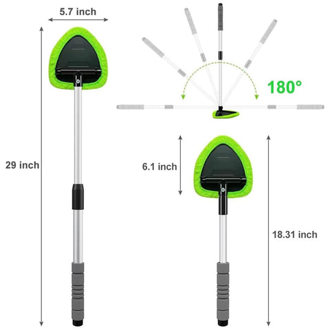 XINDELL 29-inch windshield cleaning tool with extendable handle and green microfiber pad; includes four pads and 180-degree pivot
