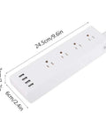 Totally Smooth Smart Power Strip With Four Wall Outlets And Four USB Charging Ports, dimensions shown, suitable for home and office use.