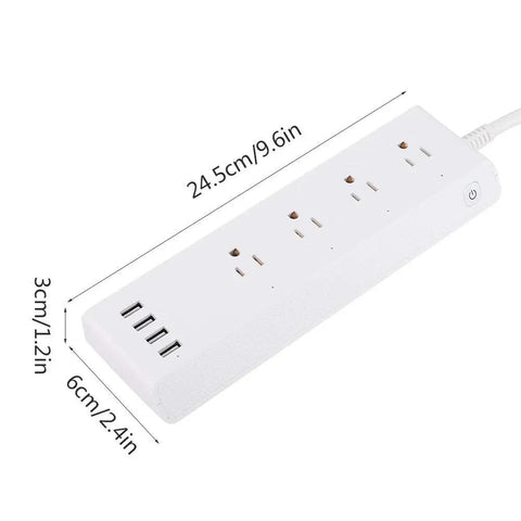Totally Smooth Smart Power Strip With Four Wall Outlets And Four USB Charging Ports, dimensions shown, suitable for home and office use.