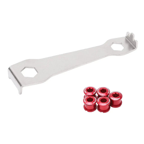 Aluminum Chainring Bolts And Nuts Kit With Wrench For Sprocket Fixing Red Anodized Crankset Screws 9mm And 10mm Hex Road Bike Parts Built For Easy No Fuss Install Secure Fit Pro Grade Performance. Red aluminum chainring bolts, nuts, and wrench for road bike crankset