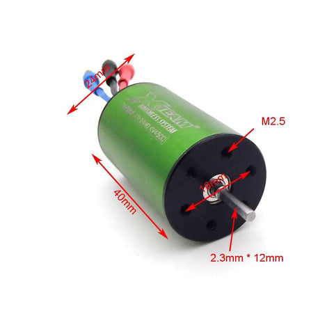 Beast 4500KV Brushless Motor With Water Cooling Jacket for RC boats with 2.3mm D shape shaft, green casing, and size labels.