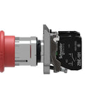 Side view of Red Emergency Stop Push Button Switch SPST No NC With Push Turn Release For Heavy Duty Rugged Safety Cutoff, Screw Clamp Terminals.