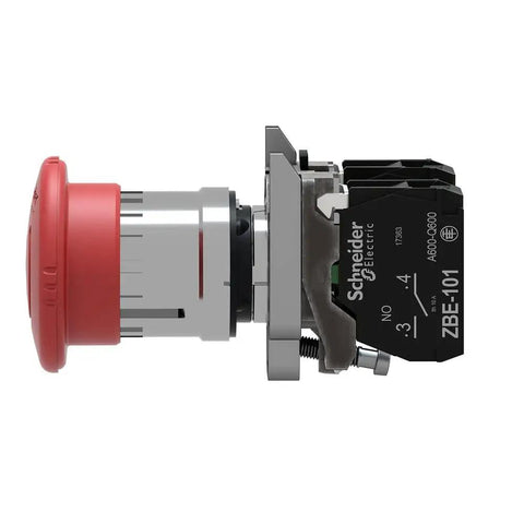 Side view of Red Emergency Stop Push Button Switch SPST No NC With Push Turn Release For Heavy Duty Rugged Safety Cutoff, Screw Clamp Terminals.