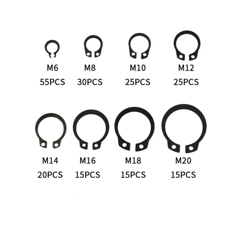 Heavy Duty C Clip Washers Kit 200 Pieces M6 To M20 with internal circlips in various sizes displayed