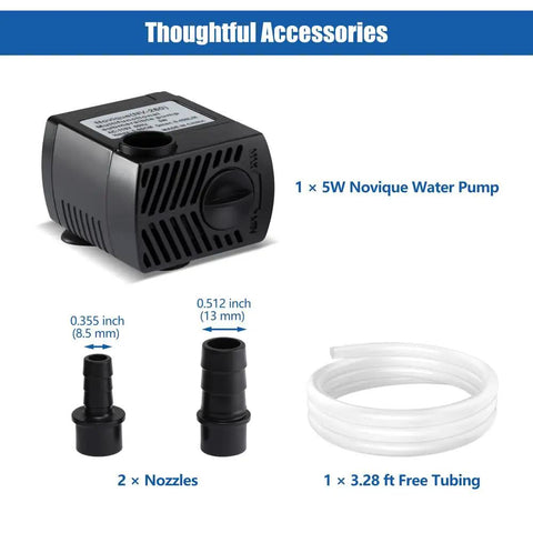 Ultra Quiet 5W Submersible Water Pump, 105 GPH, 4.76 Ft Power Cord, Dual Nozzles, 2.8 Ft Lift, Mini Fountain Pump with tubing.