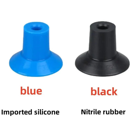 Industrial Single-Layer Vacuum Sucker For PE Film Bag Opening With F18 22 26 F33 Series Suction Nozzle Yx Pneumatic Pads Red Wine Color For Letter Manipulator Automation, blue silicone and black nitrile rubber suction nozzles.