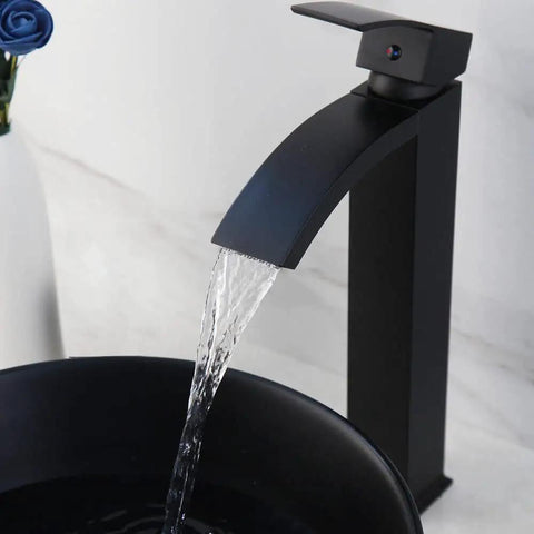 Black Ceramic Vessel Sink With Faucet And Drain Set For Above Counter Use, Round Bowl, Waterfall Spout, Mixer Tap, Easy Clean