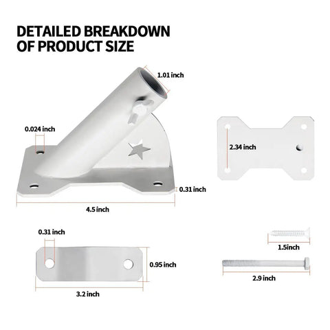 Heavy Duty Flag Pole Holder Mounting Bracket For Outdoor Railings Decks And Walls, Carbon Steel With Dual Layer Rust Resistant Coating, 1 Inch Inner Diameter detailed size dimensions