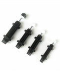 Tough As Nails Hydraulic Shock Absorber With A Precise M12 X 1.0 Compensation Buffer in four sizes displaying black metal and white components.