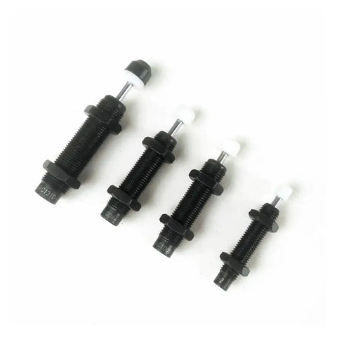 Tough As Nails Hydraulic Shock Absorber With A Precise M12 X 1.0 Compensation Buffer in four sizes displaying black metal and white components.