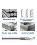 Carbide end mill with 8mm shank; shown with aluminum rods, aluminum plate, and plastic steel profiles.