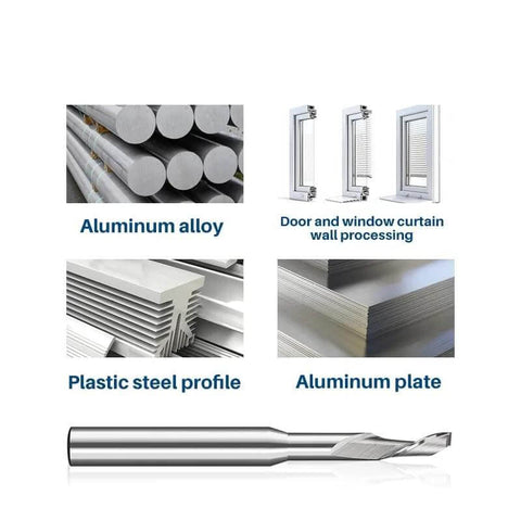 Carbide end mill with 8mm shank; shown with aluminum rods, aluminum plate, and plastic steel profiles.