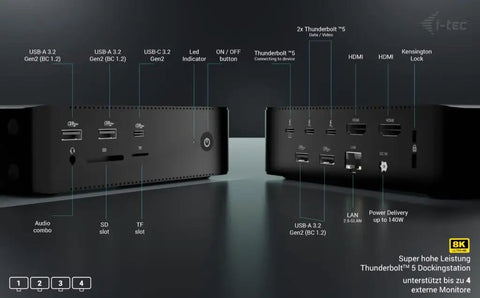 Game Changer Thunderbolt 5 Laptop Docking Station With Dual Hdmi 2.0 Ports And Quad Monitor Setup For Windows Workstations showing ports and connectivity options.