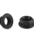 Heavy Duty M8 Flange Crank Arm Nuts For Bikes Heat Treated Steel Bottom Bracket Fasteners With Slick Black Finish Fits Like A Glove Square Taper Threaded Ride Ready Rock Solid Grip Pair showing two nuts.