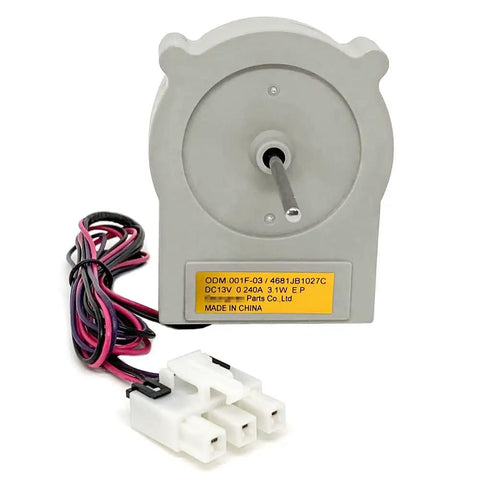 Drop In Evaporator Fan Motor Replacement For Refrigerators, 13V DC, 3.1W, shown with wiring and connectors