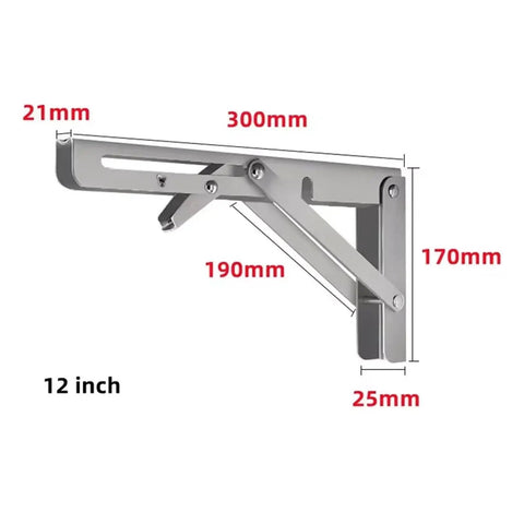 Beefy Triangle Folding Shelf Brackets Set For Wall Mounts, adjustable metal shelf supports, space saving fold up design, 12 inch silver