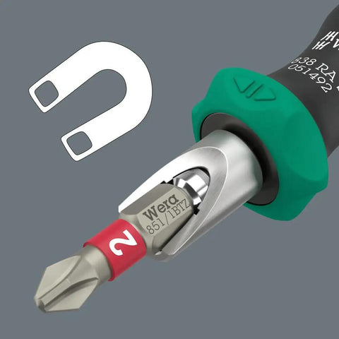 Close-up of RA S Bitholding Screwdriver With Ratchet In Handle showing magnetic hex bit and ergonomic grip on gray background.