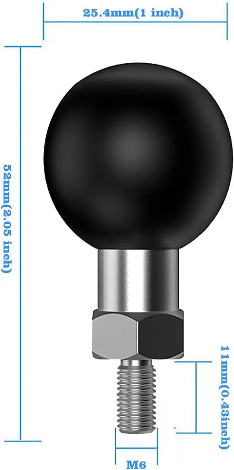 Dope 1 Inch Ball Mount Adapter With M6 Threaded Post Ball Head For RAM Mounts B Size Bike Motorcycle ATV Rearview Mirror CNC Machined Stainless Steel And TPU Non Slip Water Resistant Rust Proof, showing dimensions.