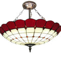 Stained Glass Tiffany Style Pendant Light With Three Lamp Holders Red Color 20 Inch Ceiling Fixture For Indoor Living Room Decor