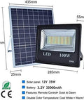 JUDYSSY 100W Led Solar Flood Lights with solar panel, highlighting remote control and IP66 waterproof features.