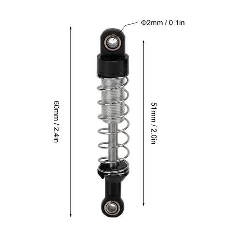 Adjustable Oil Shock Absorbers For 1/18 1/16 RC Crawlers, metal black shock with size dimensions displayed