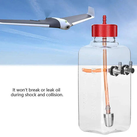 RC Fuel Tank For Airplanes 300ml Transparent Plastic Tank With CNC Machined Metal Cap shown in detail with airplane backdrop.