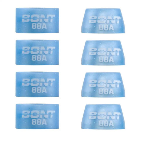 Set of blue 88A roller skate cushions with Bont branding, top cone and bottom barrel shape for quad derby plates setup.