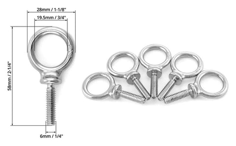 20 Pack 1/4-20 Stainless Steel Eye Bolts, 1-Inch Lifting Rings, shown with detailed measurements and threaded design