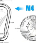 Front view: M4 mini carabiner clip, 1.57 in, silver metal, spring-loaded, 30-pack.