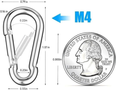 Front view: M4 mini carabiner clip, 1.57 in, silver metal, spring-loaded, 30-pack.