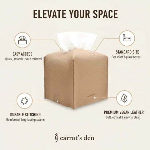 Tissue Box Cover Holder With Bottom Velcro Belt, Square PU Leather Decorative Organizer showing features and beige color.