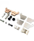 Premium Motorcycle Front And Rear Brake Caliper Repair Kit With Pins, Springs And Pads For Off Road Dirt Bikes, Delivers Strong Braking, Easy Fit, Durable Construction, Ideal Upgrade For Caliper Maintenance And Braking Stability. Front and rear caliper parts, pins, springs, pads, metal hardware, white background.