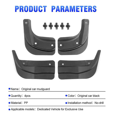 Tesla Model 3 Mud Flaps Set Of Four Front And Rear Splash Guards Custom Fit 2024 To 2026 black PP material with installation screws.