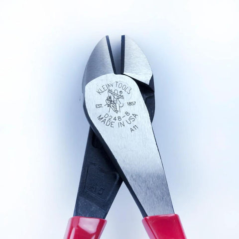 Klein Tools D248-8 diagonal cutting pliers, 8-inch, close-up of angled head, red handles
