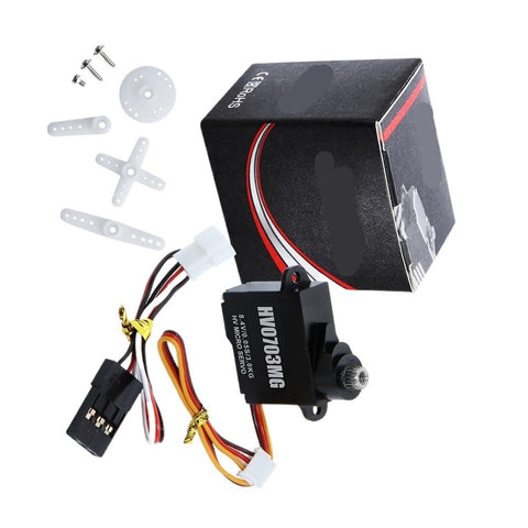 Beast Mode Miniature Digital Servo With Heavy Hitting 3 Kilogram Torque features metal gears and motor, parts and packaging for RC builds.