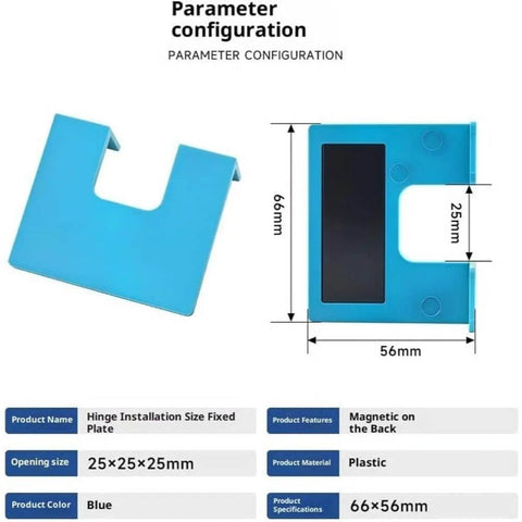 Effortless Magnetic Hinge Jig Kit For Quick Door Installs With Adjustable Guide And Accurate Hinge Mortising And Cutting Fits Most Doors Blue 4 Pack DIY Home Improvement Tool; two blue plastic plates with measurements shown.
