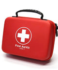 Front view of red waterproof EVA first aid kit with black handle and zipper, white cross logo.