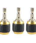 Three stainless steel self locking drill bit holders, 50mm length, 1/4 inch hex shank shown in front view, black and gold accents.