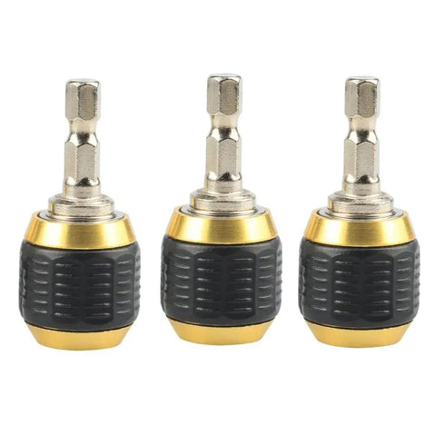 Three stainless steel self locking drill bit holders, 50mm length, 1/4 inch hex shank shown in front view, black and gold accents.