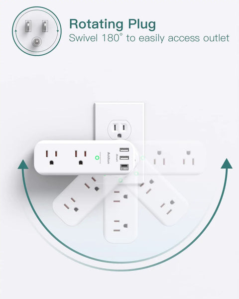 Rotating Outlet Extender With Six AC Outlets And Three USB Ports Including One USB C Three Sided Slim Power Strip With Wall Adapter