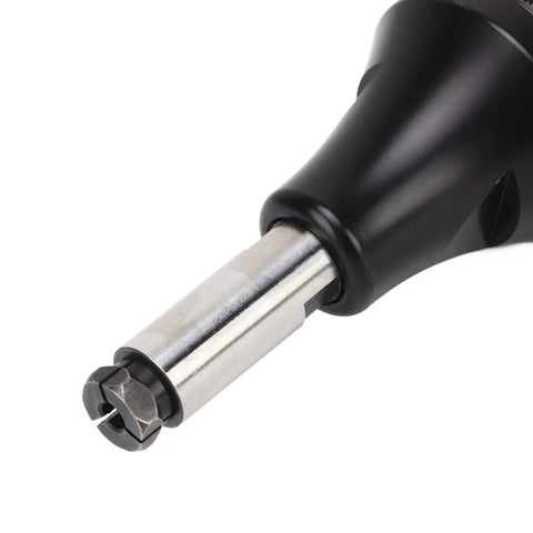 Close-up of Professional Grade Air Powered Die Grinder With Tough Stainless Steel Housing and fast spinning bit for engraving.