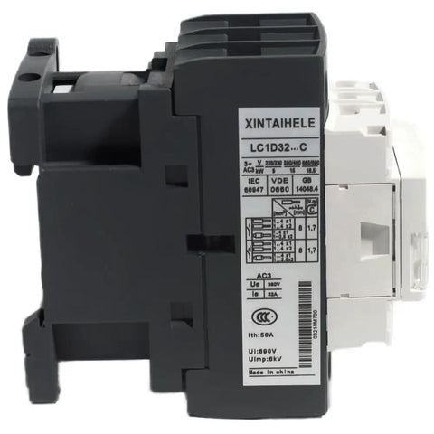 Built Tough Three Pole 30 Amp AC Contactor With 110 120V Coil, side view showing DIN rail mount, normally open and closed contacts.