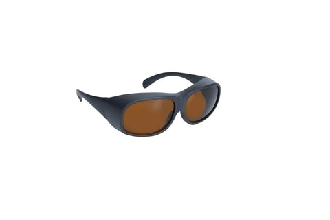 Heavy Duty Laser Safety Glasses For Tattoo Removal showing black wrap-around frame and OD 5+ light filter for eye protection.