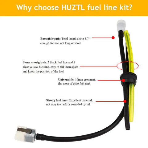 HUZTL fuel line kit with black and yellow lines, universal fit grommet, 8.7-inch length, durable material