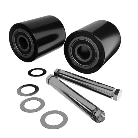 Load Wheel Kit For Central Hydraulic Manual Pallet Jack Model 39939 Beefed Up Ultra Poly 70D Load Wheel Assemblies With Bearings And Axles For Smooth Lifting And Easy Rolling. Includes black wheels, metal axles, and washers.