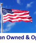 American flag waving with text 'American Owned & Operated' against a blue sky background