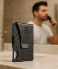 Ultra Slim RFID Blocking Wallet For Men With Money Clip Carbon Fiber Build Lightweight sitting on bathroom counter