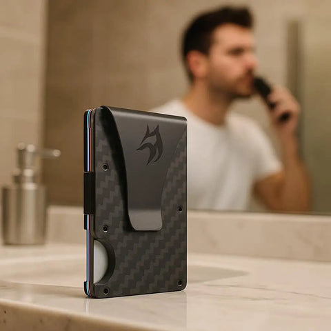 Ultra Slim RFID Blocking Wallet For Men With Money Clip Carbon Fiber Build Lightweight sitting on bathroom counter